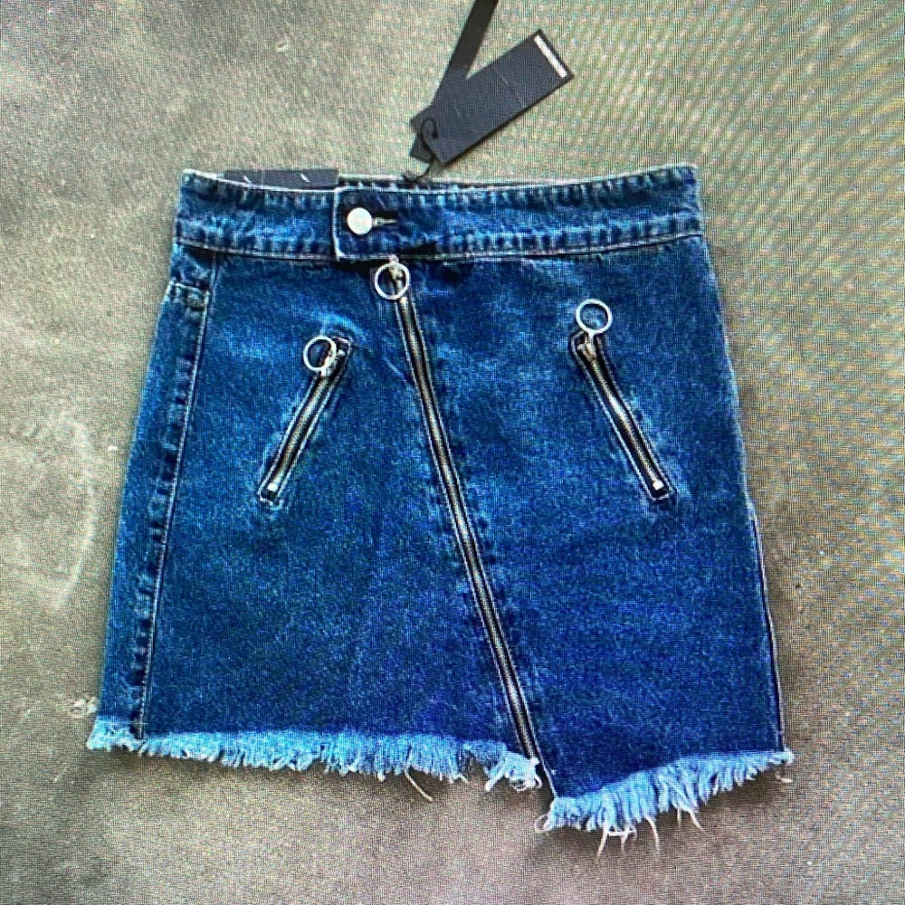 Dark Blue Denim Mini Skirt with Asymmetric Zip - Unbranded